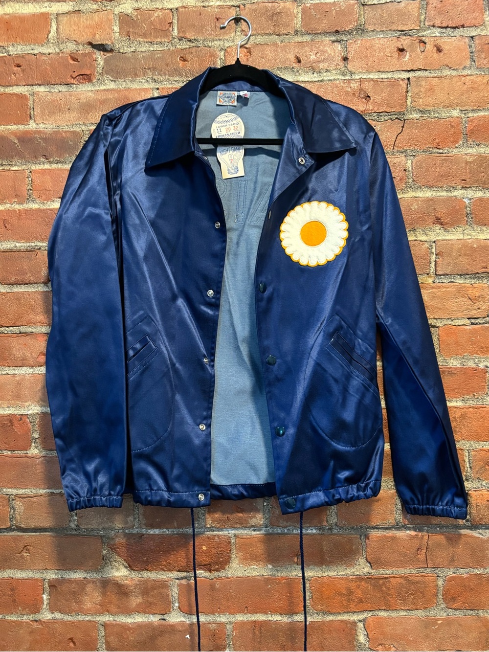 Vintage Satin Navy Coach Jacket with Daisies Patch Details